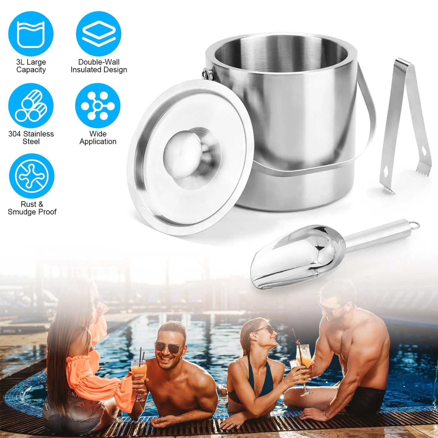 Double-Wall Stainless Steel Insulated Ice Bucket Set – Keep Drinks Cold for Hours