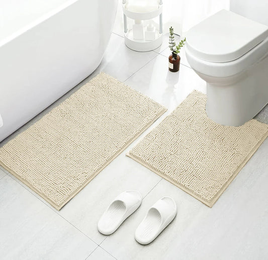 2-Piece Cream Plush Chenille Bath Mat Set – Soft, Absorbent & Non-Slip Bathroom Rugs
