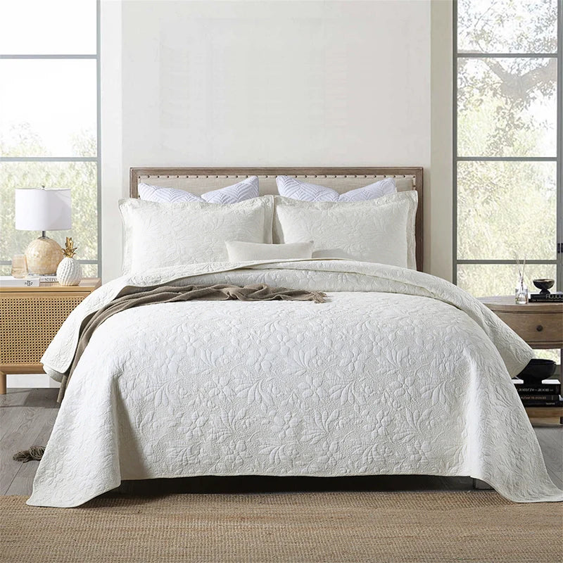 Luxury Palm Leaf Embroidered Cotton Bedspread – Soft, Elegant & Reversible LUXHOME