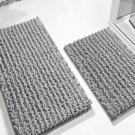 2-Piece Plush Chenille Bath Mat Set – Soft & Absorbent Bathroom Rugs, Light Grey