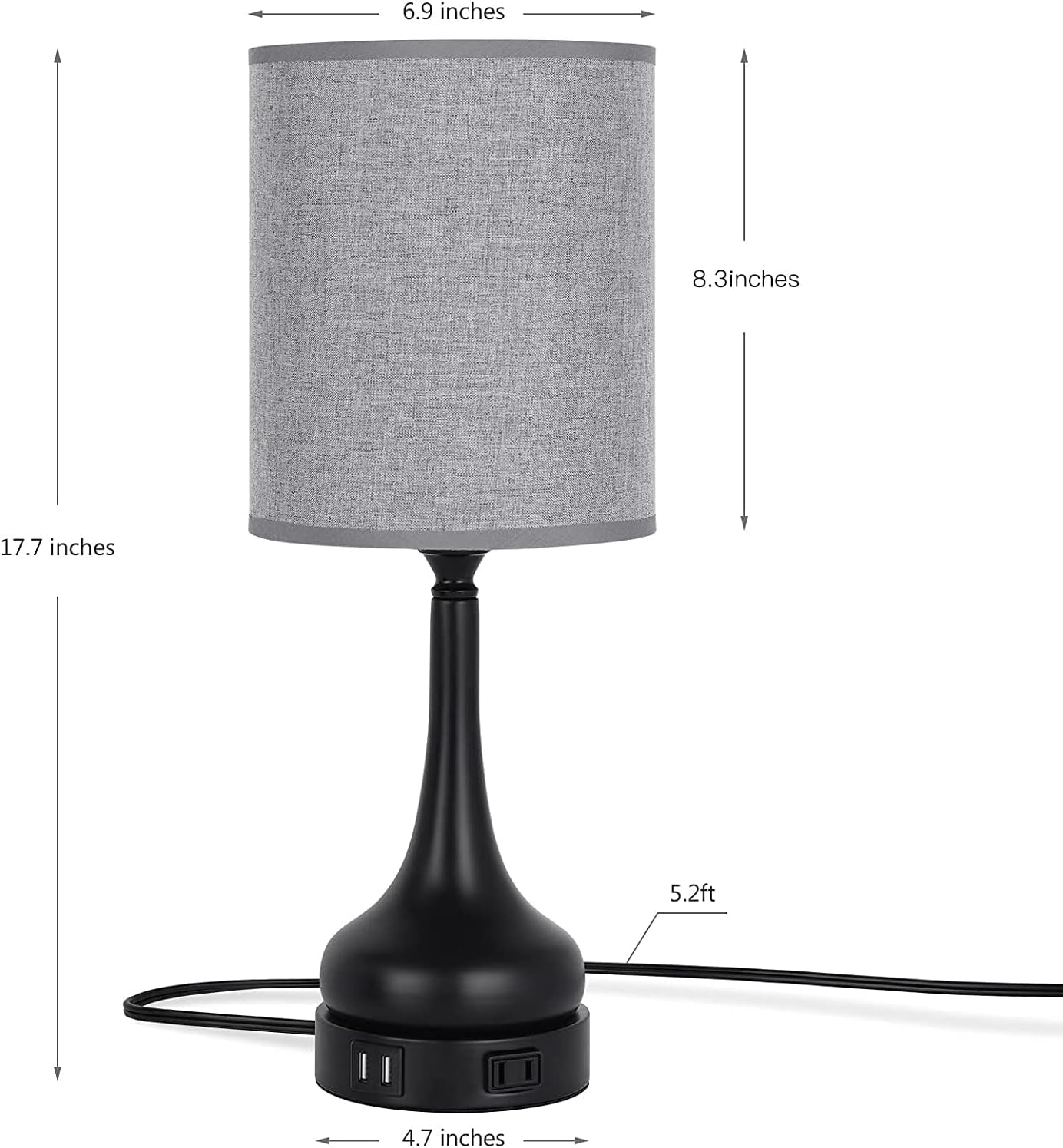 Elegant Touch Control Table Lamps - 3-Way Dimmable Bedside Desk Lamps with USB Ports & AC Outlet - Set of 2 Stylish Grey Fabric Lamps for Bedroom, Living Room & Kids Room (Includes LED Bulbs)