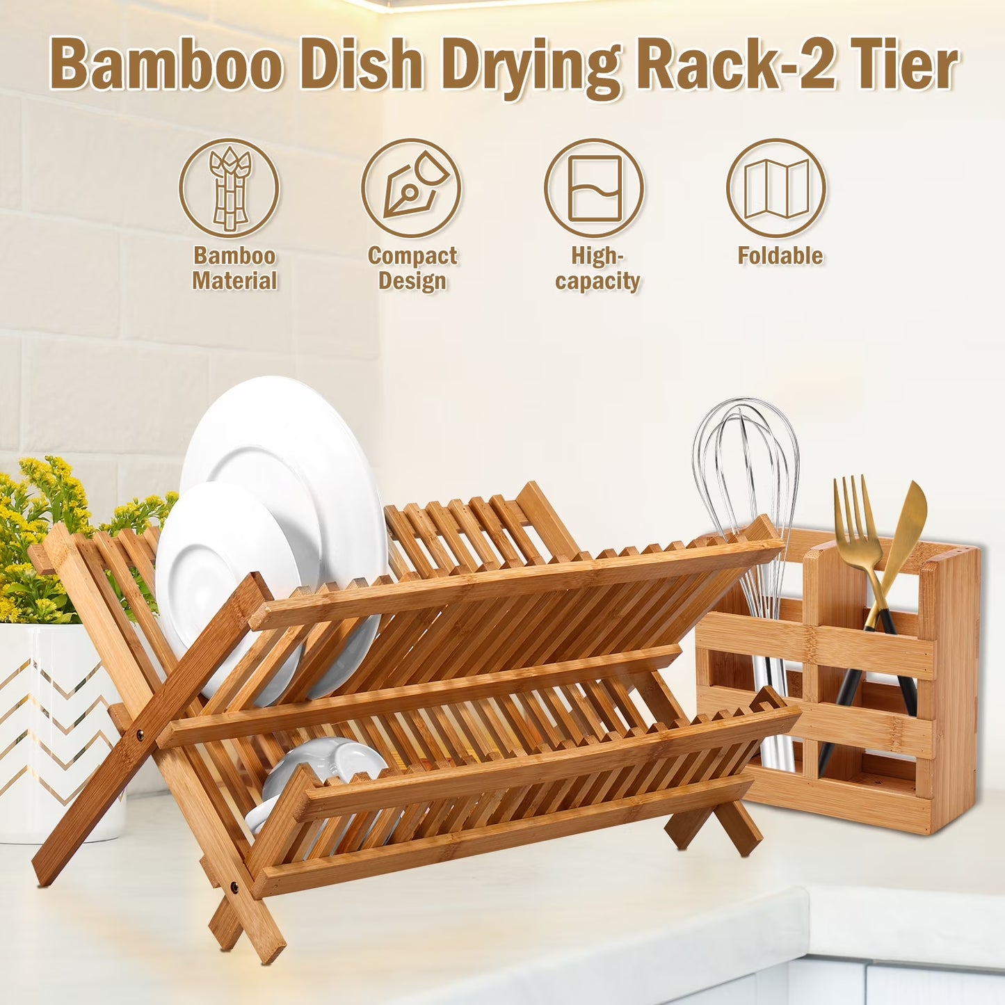Stylish Bamboo Dish Drying Rack with Utensil Holder - 2-Tier Collapsible Wooden Drainer for Efficient Kitchen Organization