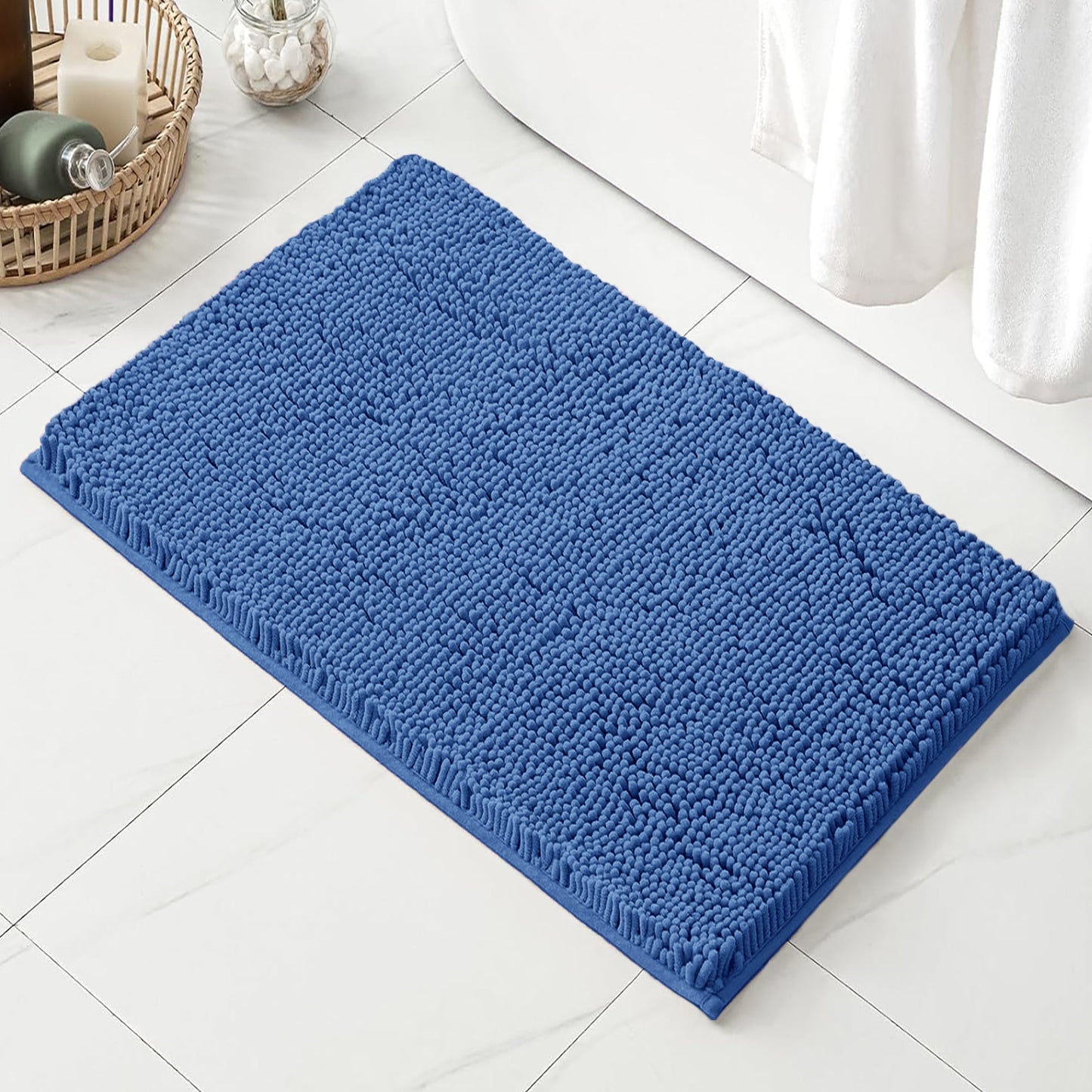 Large Blue Plush Chenille Bath Mat – Soft, Absorbent & Non-Slip Bathroom Rug