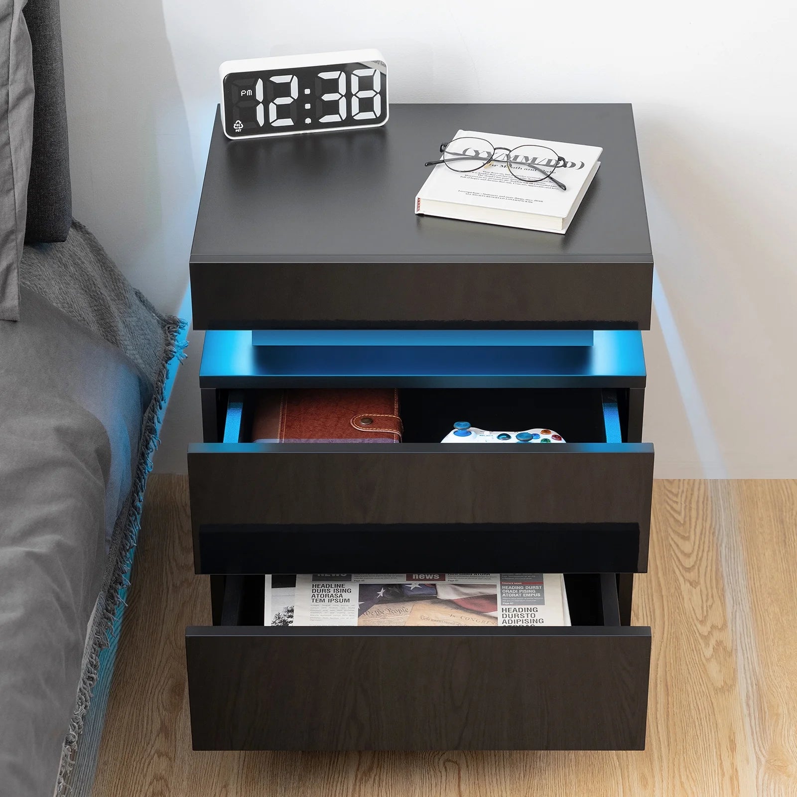 Elevate Your Space with Our Modern High Gloss LED Nightstand Set - Stylish Black Bedside Tables with 2 Drawers and RGB Lighting