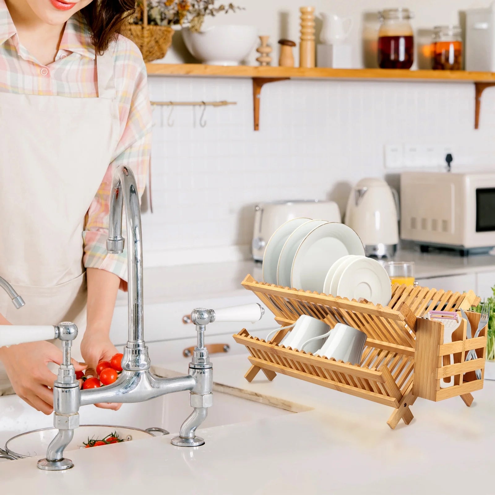 Stylish Bamboo Dish Drying Rack with Utensil Holder - 2-Tier Collapsible Wooden Drainer for Efficient Kitchen Organization