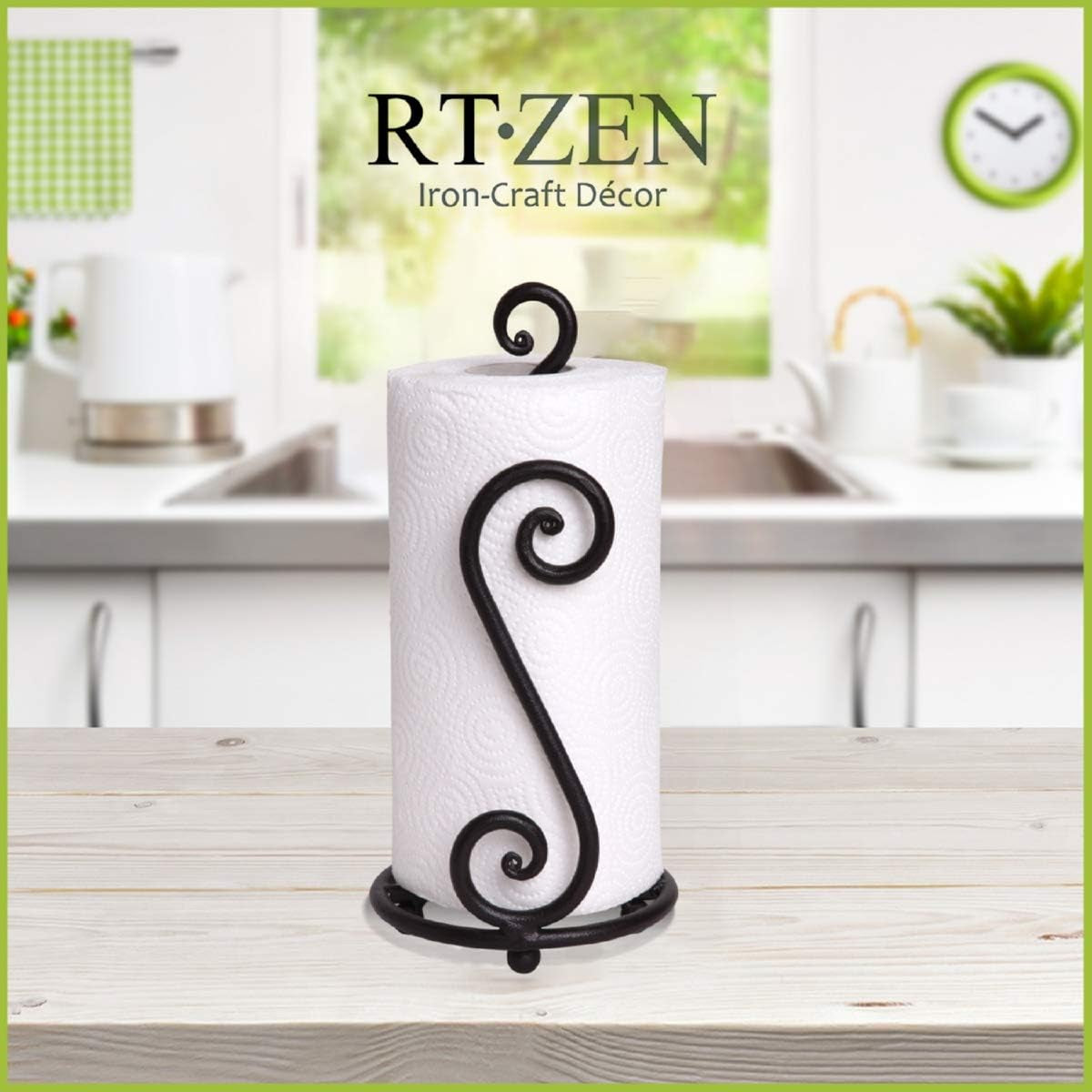 Matte Black Paper Towel Holder Non-Slip Base Countertop | Decorative Farmhouse Paper Roll Holder, Rustic Metal Modern Stylish Accent Durable Stand for Kitchen, Bathroom (Swirl)