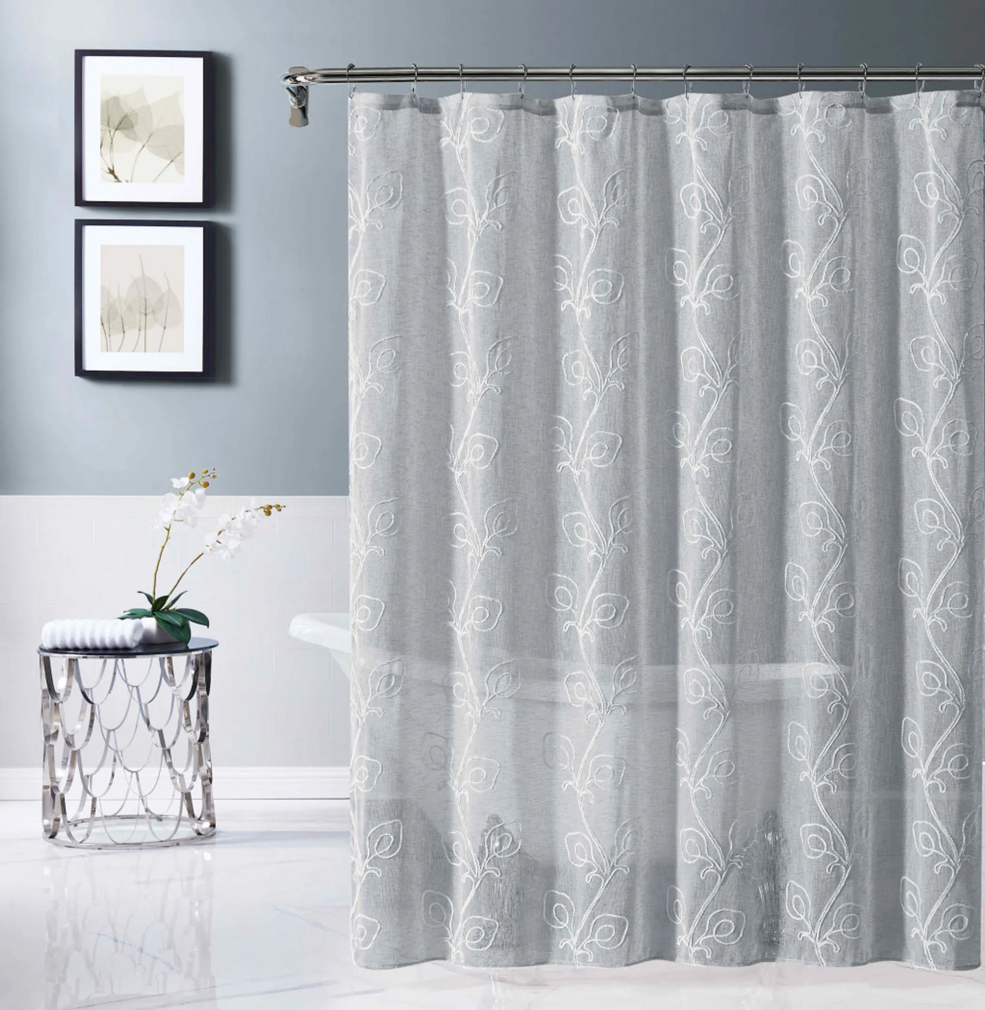 Gray Floral Embroidered Shower Curtain – Elegant, Soft & Hotel-Inspired HomeRoots