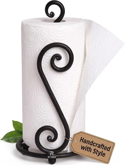 Matte Black Paper Towel Holder Non-Slip Base Countertop | Decorative Farmhouse Paper Roll Holder, Rustic Metal Modern Stylish Accent Durable Stand for Kitchen, Bathroom (Swirl)
