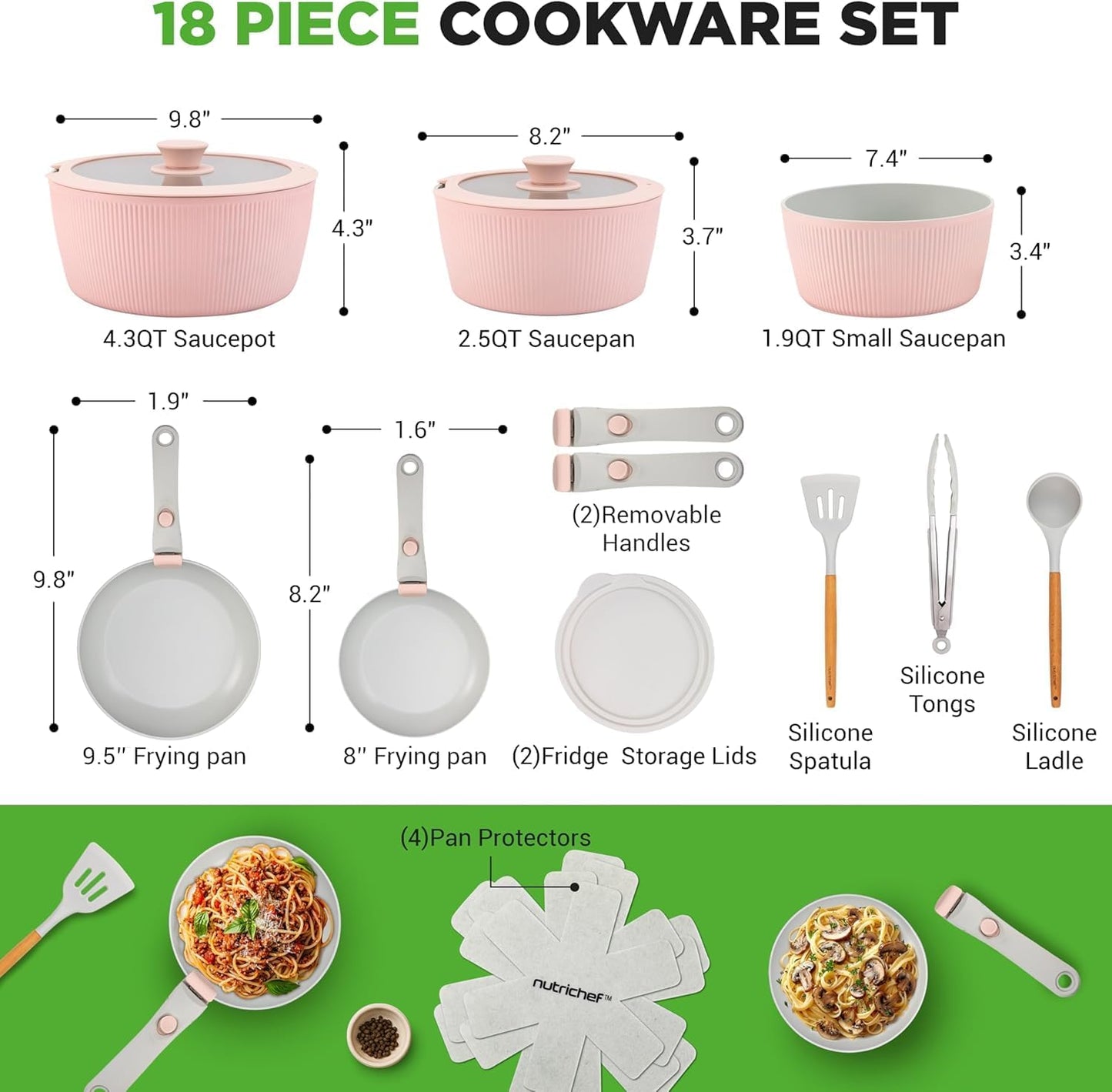 Elevate Your Culinary Experience with the 18-Piece Pink Nonstick Ceramic Cookware Set – Complete with Utensils and Innovative Detachable Handles!