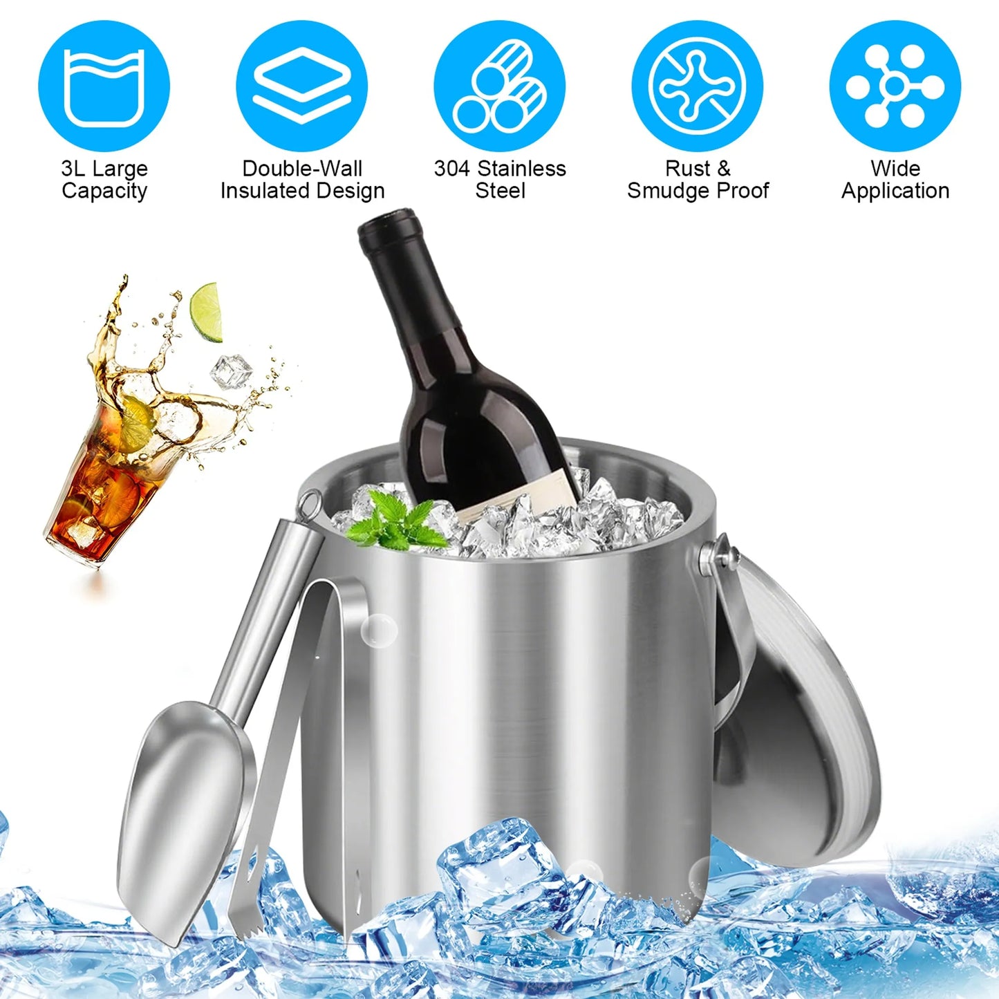 Double-Wall Stainless Steel Insulated Ice Bucket Set – Keep Drinks Cold for Hours
