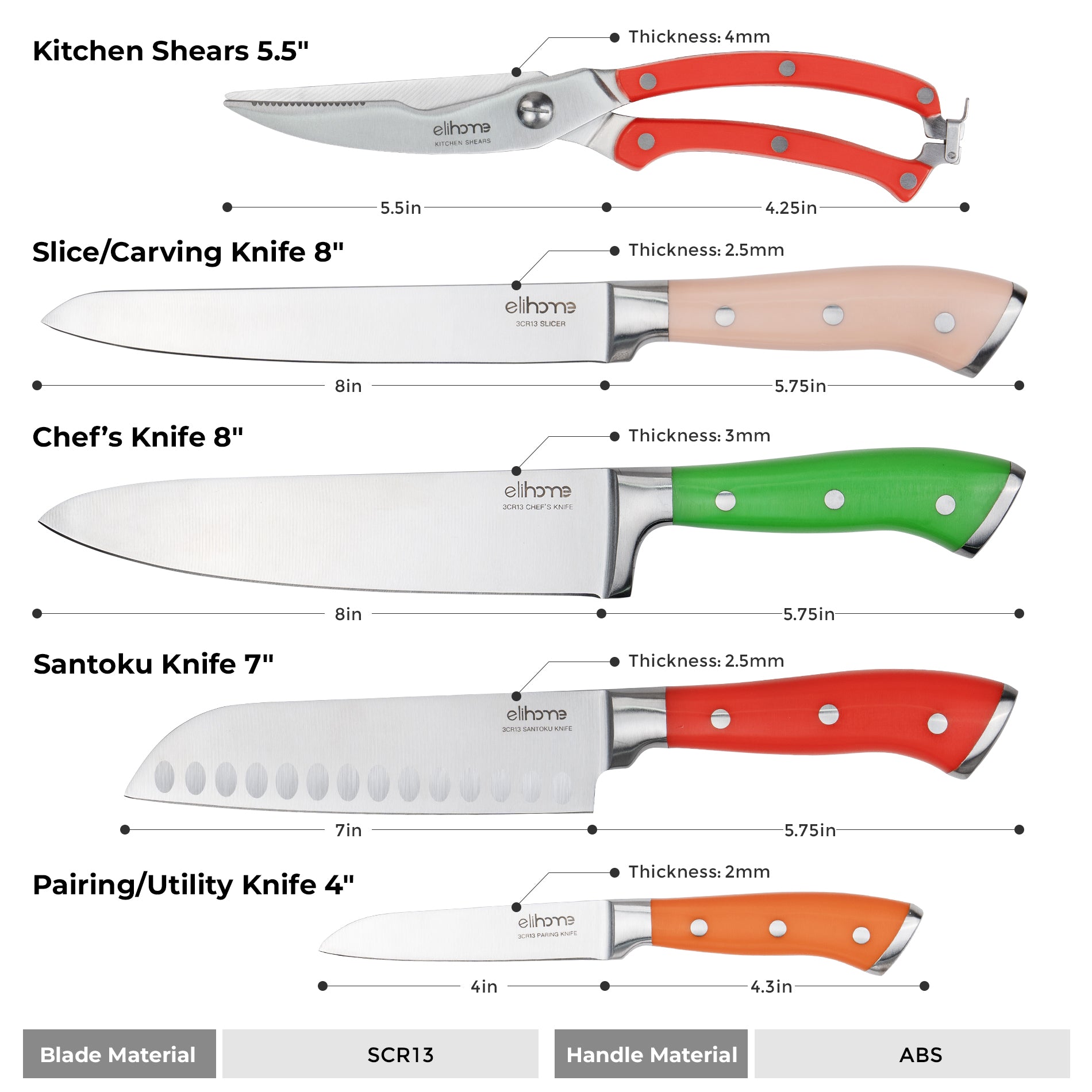 5-Piece Professional Kitchen Knife Set – Sharp, Durable & Color-Coded Elihome