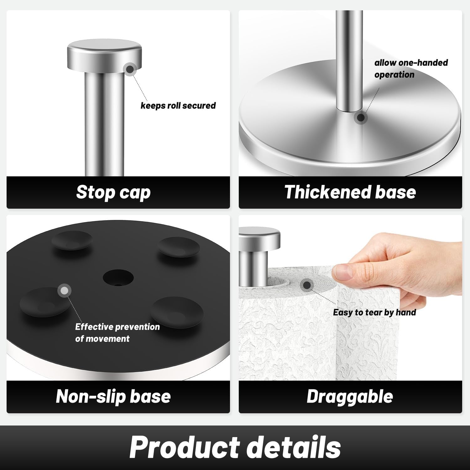 Paper Towel Holder Countertop, 4 Non-Slip Suction Cups, Weighted Base | Silver | Rust-Resistant Stainless Steel for Long-Lasting Use | Fits Most Towel Rolls | Steady and Easy Tear