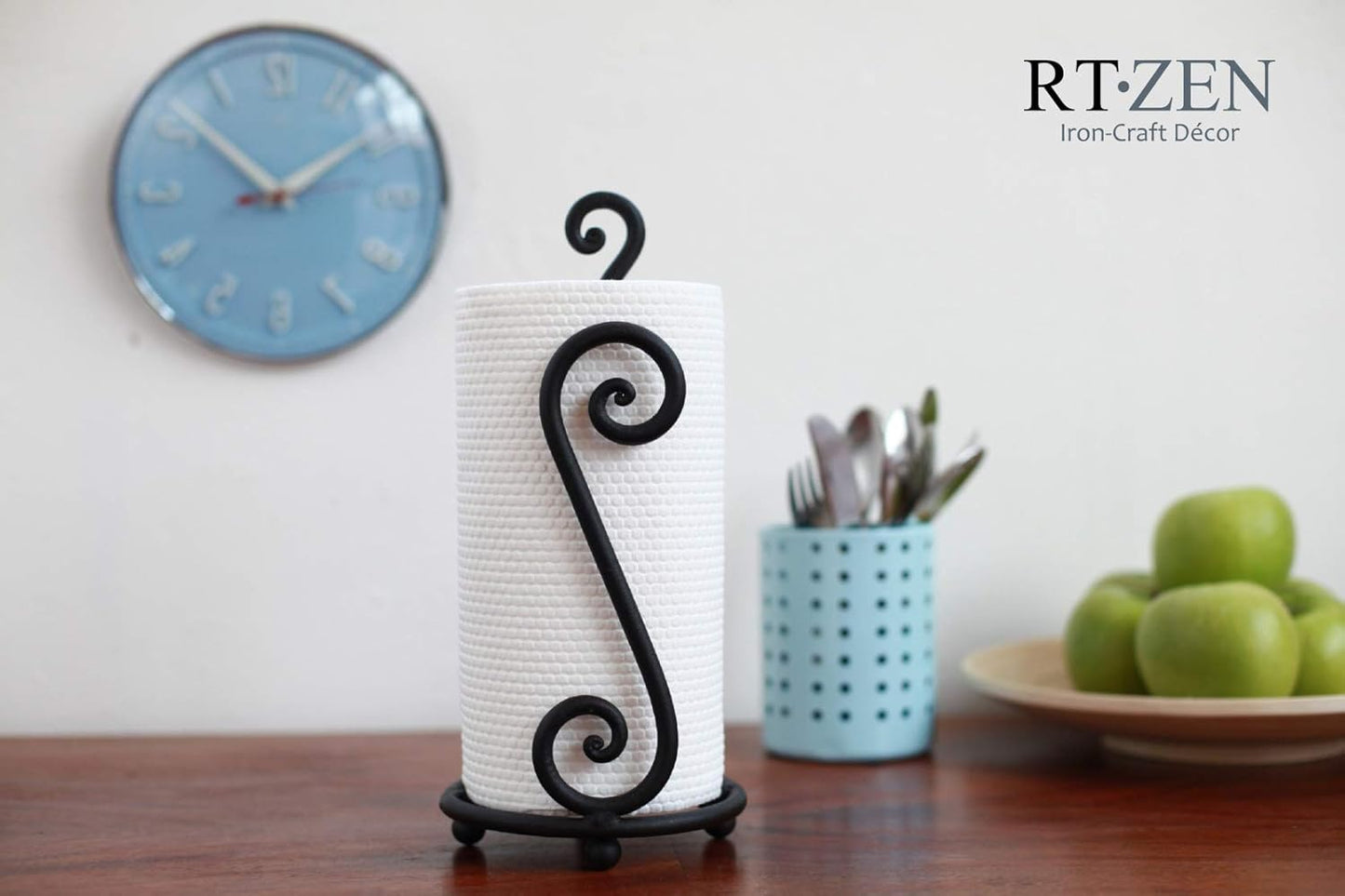 Matte Black Paper Towel Holder Non-Slip Base Countertop | Decorative Farmhouse Paper Roll Holder, Rustic Metal Modern Stylish Accent Durable Stand for Kitchen, Bathroom (Swirl)