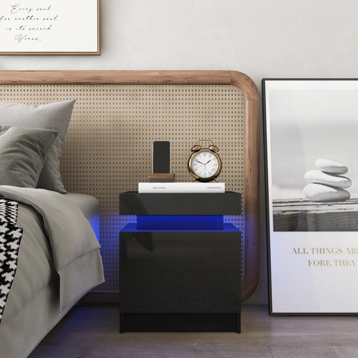 Elevate Your Space with Our Modern High Gloss LED Nightstand Set - Stylish Black Bedside Tables with 2 Drawers and RGB Lighting
