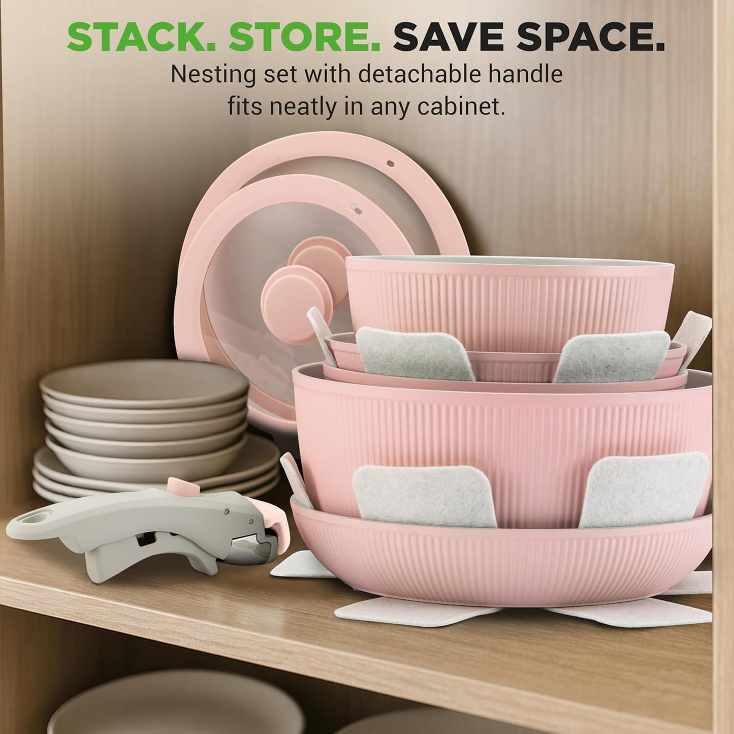 Elevate Your Culinary Experience with the 18-Piece Pink Nonstick Ceramic Cookware Set – Complete with Utensils and Innovative Detachable Handles!