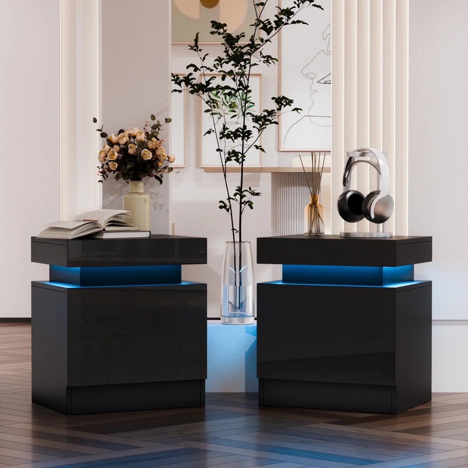 Elevate Your Space with Our Modern High Gloss LED Nightstand Set - Stylish Black Bedside Tables with 2 Drawers and RGB Lighting