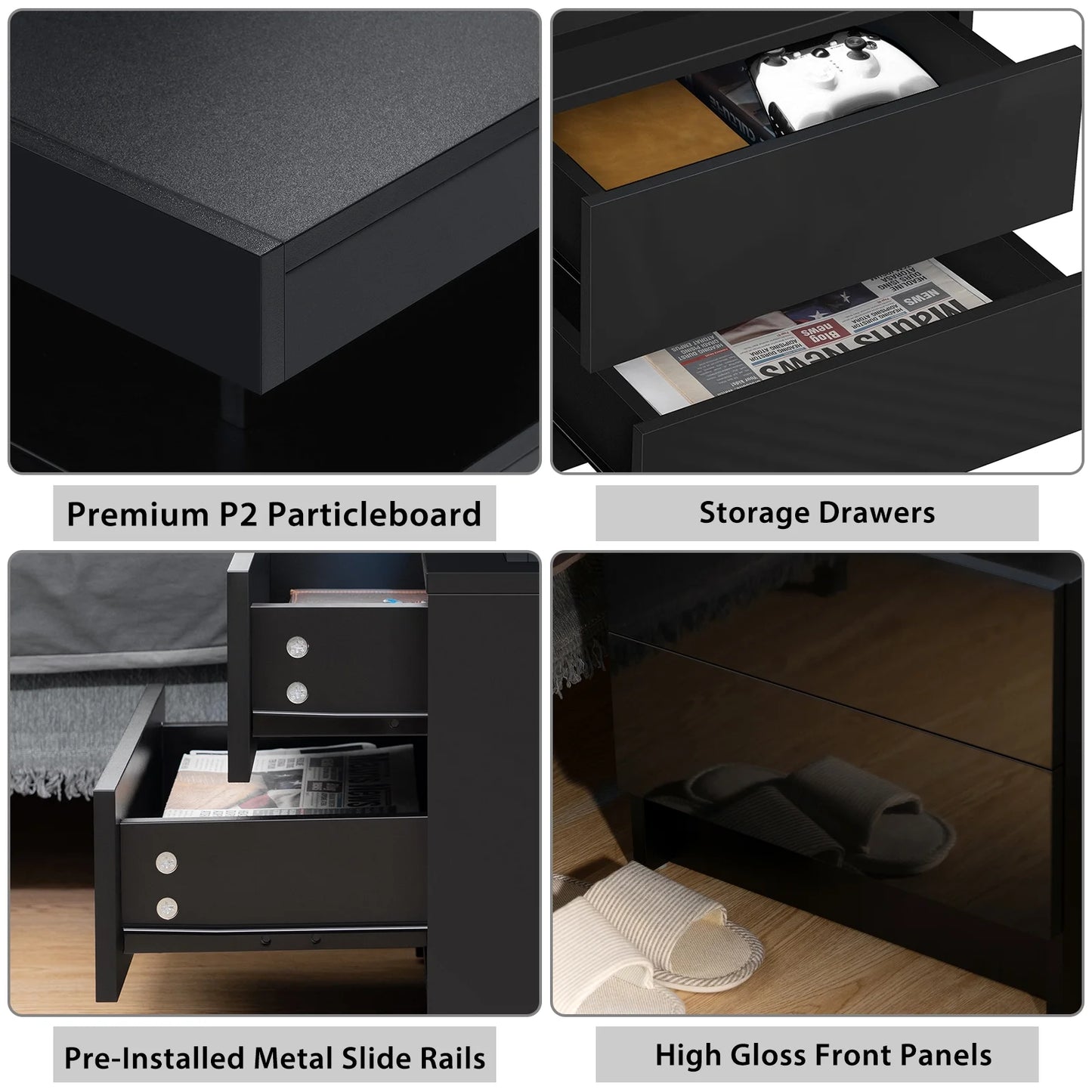 Elevate Your Space with Our Modern High Gloss LED Nightstand Set - Stylish Black Bedside Tables with 2 Drawers and RGB Lighting