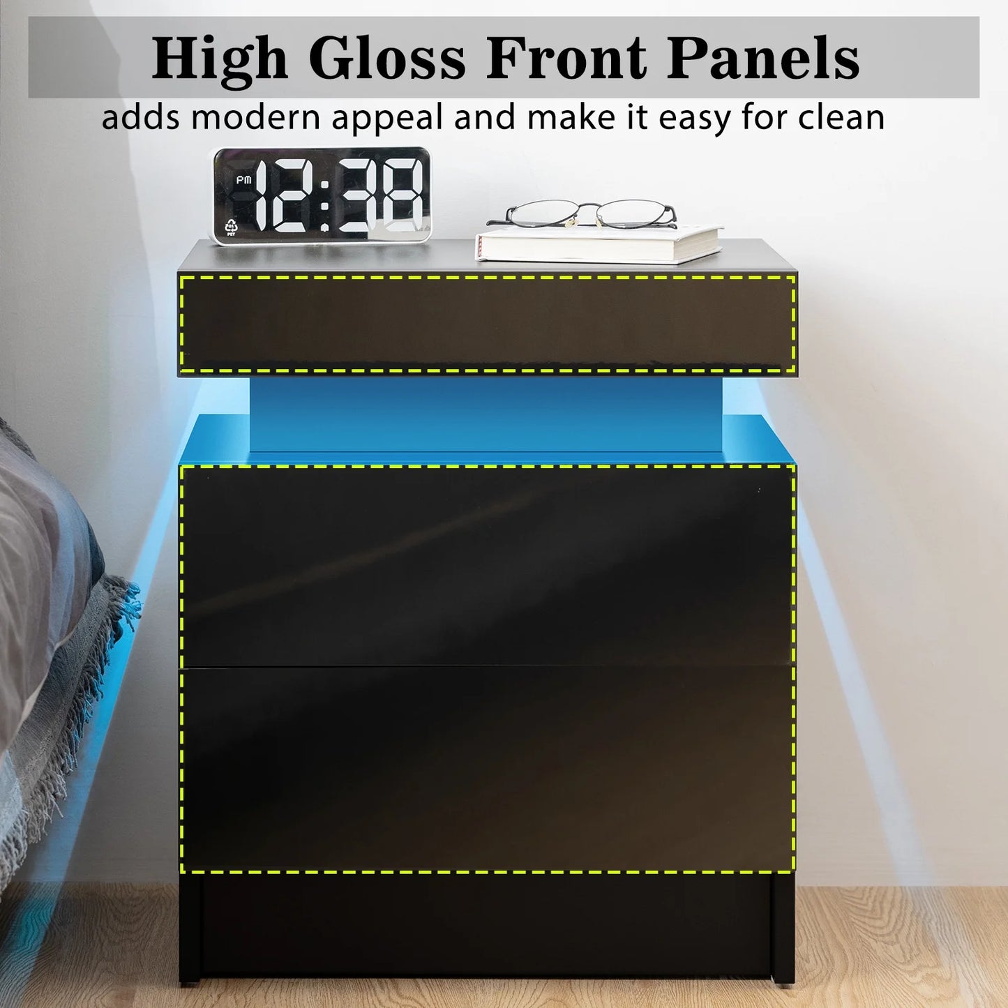 Elevate Your Space with Our Modern High Gloss LED Nightstand Set - Stylish Black Bedside Tables with 2 Drawers and RGB Lighting