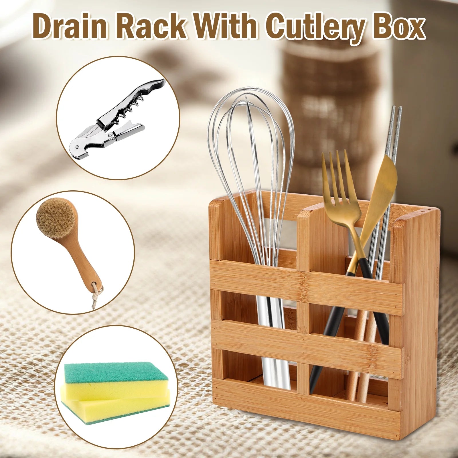 Stylish Bamboo Dish Drying Rack with Utensil Holder - 2-Tier Collapsible Wooden Drainer for Efficient Kitchen Organization