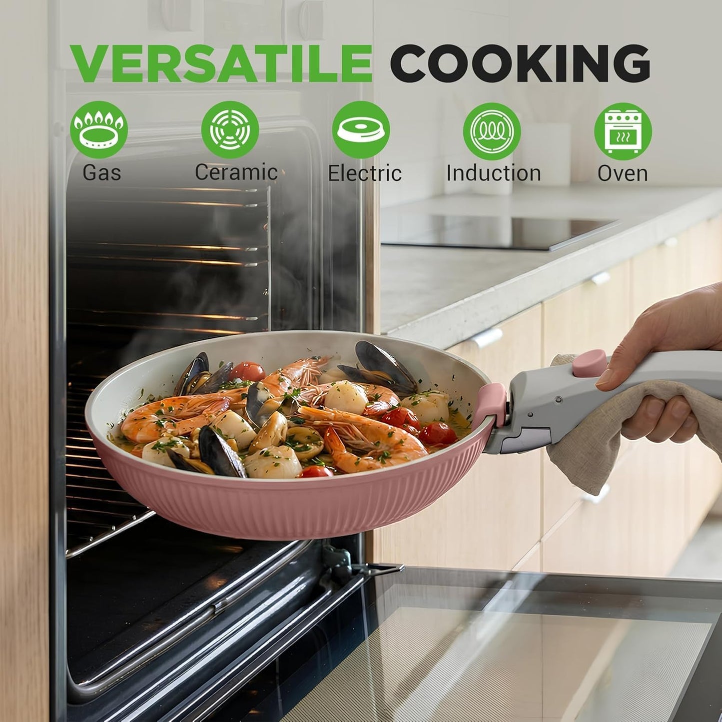 Elevate Your Culinary Experience with the 18-Piece Pink Nonstick Ceramic Cookware Set – Complete with Utensils and Innovative Detachable Handles!