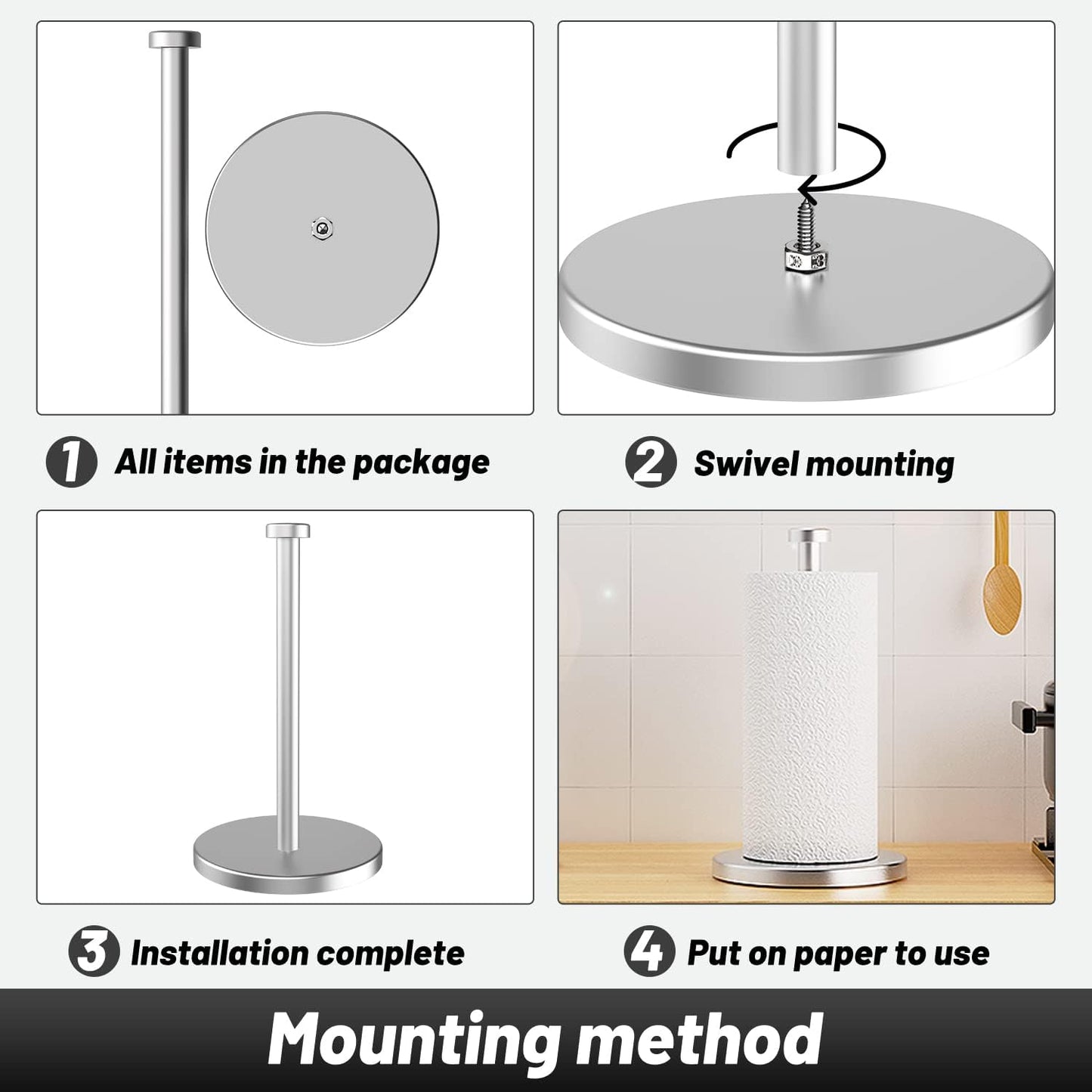 Paper Towel Holder Countertop, 4 Non-Slip Suction Cups, Weighted Base | Silver | Rust-Resistant Stainless Steel for Long-Lasting Use | Fits Most Towel Rolls | Steady and Easy Tear