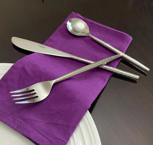Vibhsa Hammered Stainless Steel Flatware 18-Piece Set (Dinner knives, Dinner Forks, Soup Spoons) Classy R Us LLC