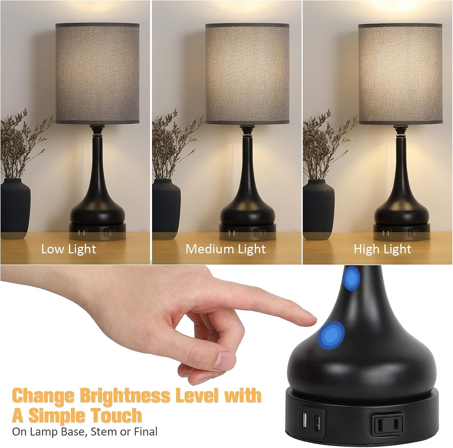 Elegant Touch Control Table Lamps - 3-Way Dimmable Bedside Desk Lamps with USB Ports & AC Outlet - Set of 2 Stylish Grey Fabric Lamps for Bedroom, Living Room & Kids Room (Includes LED Bulbs)