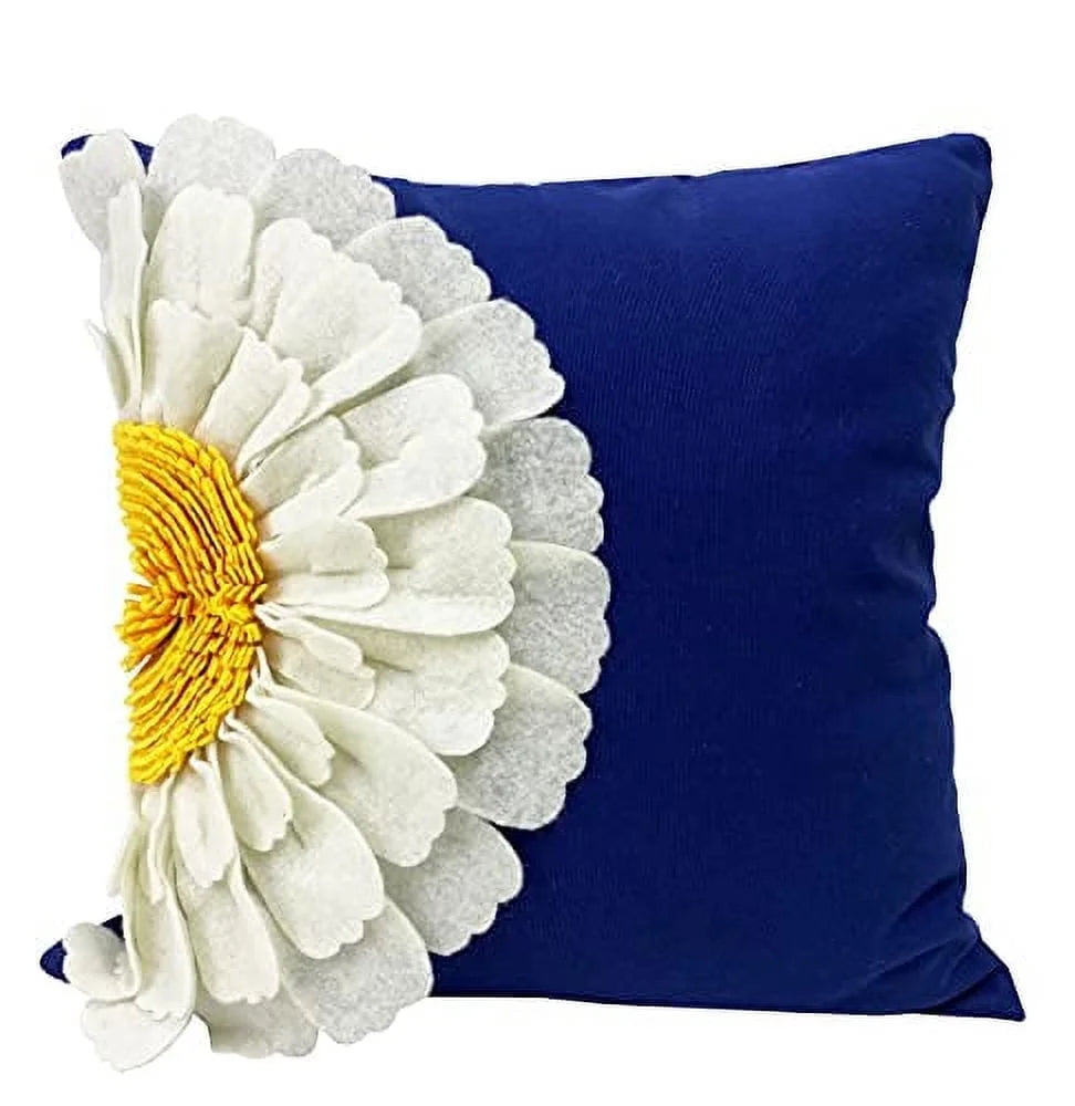 Handmade 3D Half Sunflower Cotton Canvas Decorative Throw Pillow Cover 18"W X 18"L - Navy Blue Floral Cushion Case for Couch, Bedroom and Living Room Décor