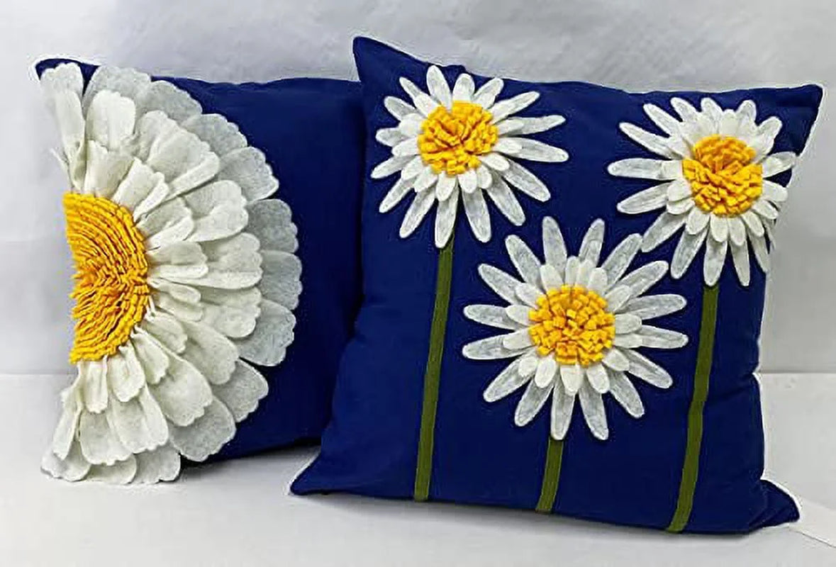 Handmade 3D Half Sunflower Cotton Canvas Decorative Throw Pillow Cover 18"W X 18"L - Navy Blue Floral Cushion Case for Couch, Bedroom and Living Room Décor