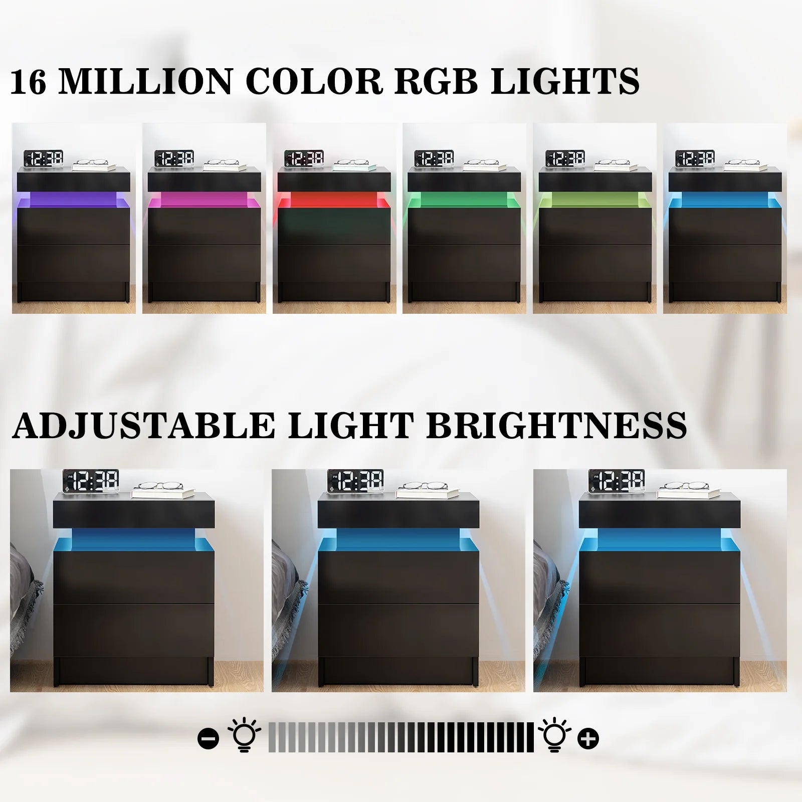 Elevate Your Space with Our Modern High Gloss LED Nightstand Set - Stylish Black Bedside Tables with 2 Drawers and RGB Lighting