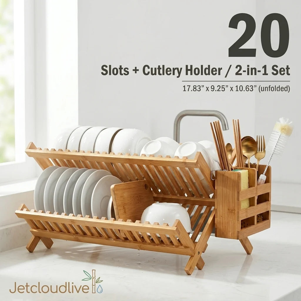 Stylish Bamboo Dish Drying Rack with Utensil Holder - 2-Tier Collapsible Wooden Drainer for Efficient Kitchen Organization