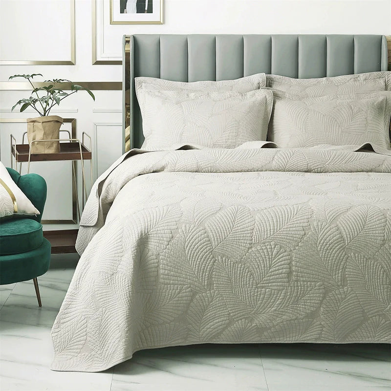 Luxury Palm Leaf Embroidered Cotton Bedspread – Soft, Elegant & Reversible LUXHOME
