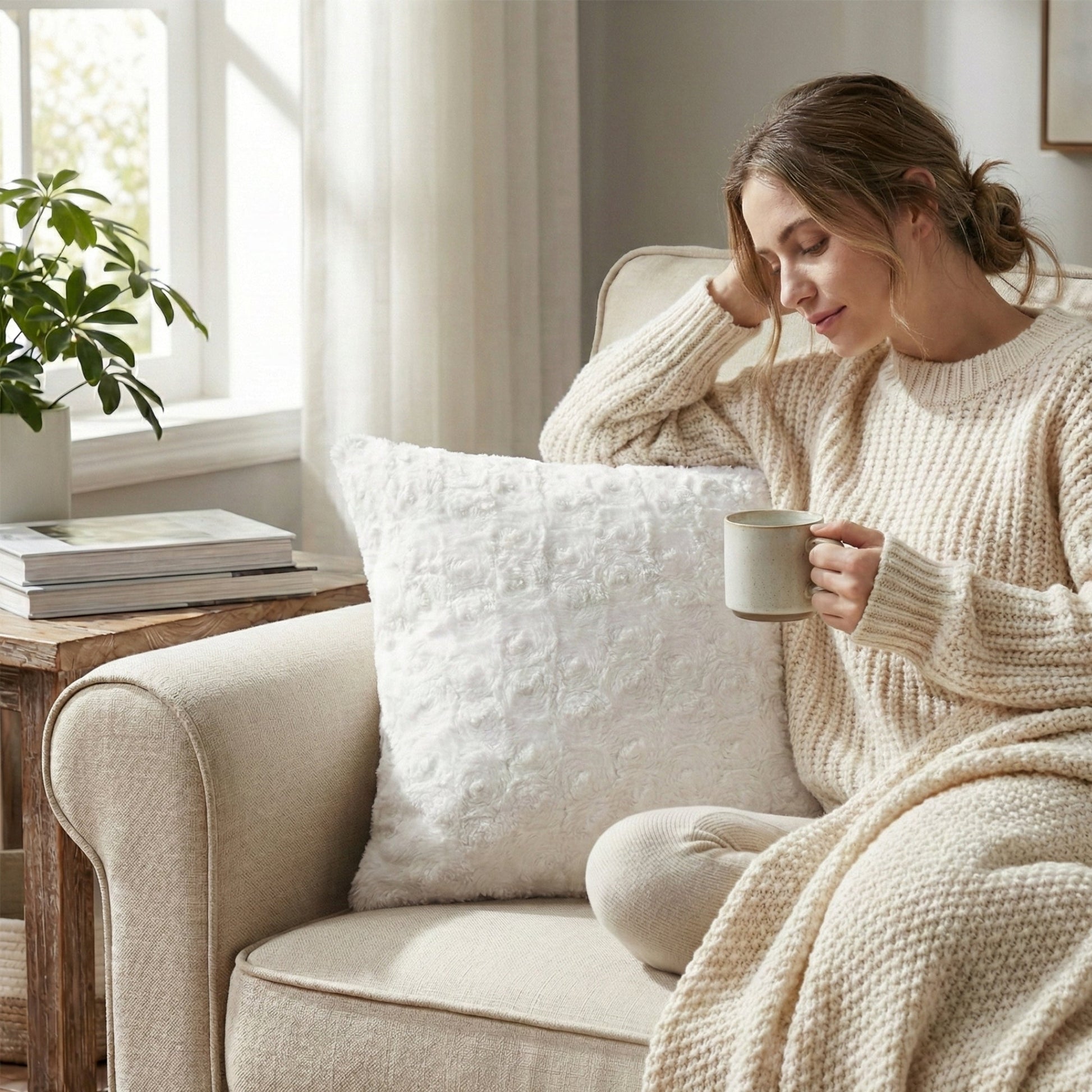 Luxury White Rose Faux Fur Pillow Cover – Soft, Cozy & Elegant DaDalogy Bedding Collection