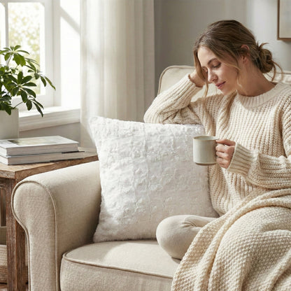 Luxury White Rose Faux Fur Pillow Cover – Soft, Cozy & Elegant DaDalogy Bedding Collection