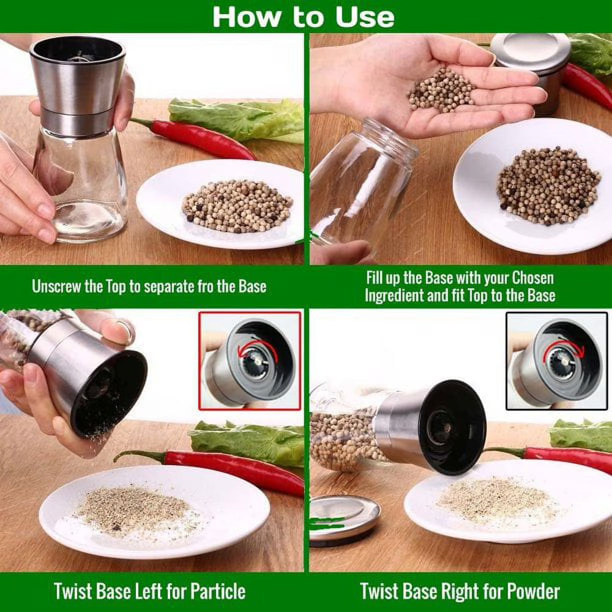 Stainless Steel Salt and Pepper Grinder Set, Adjustable Salt Grinder