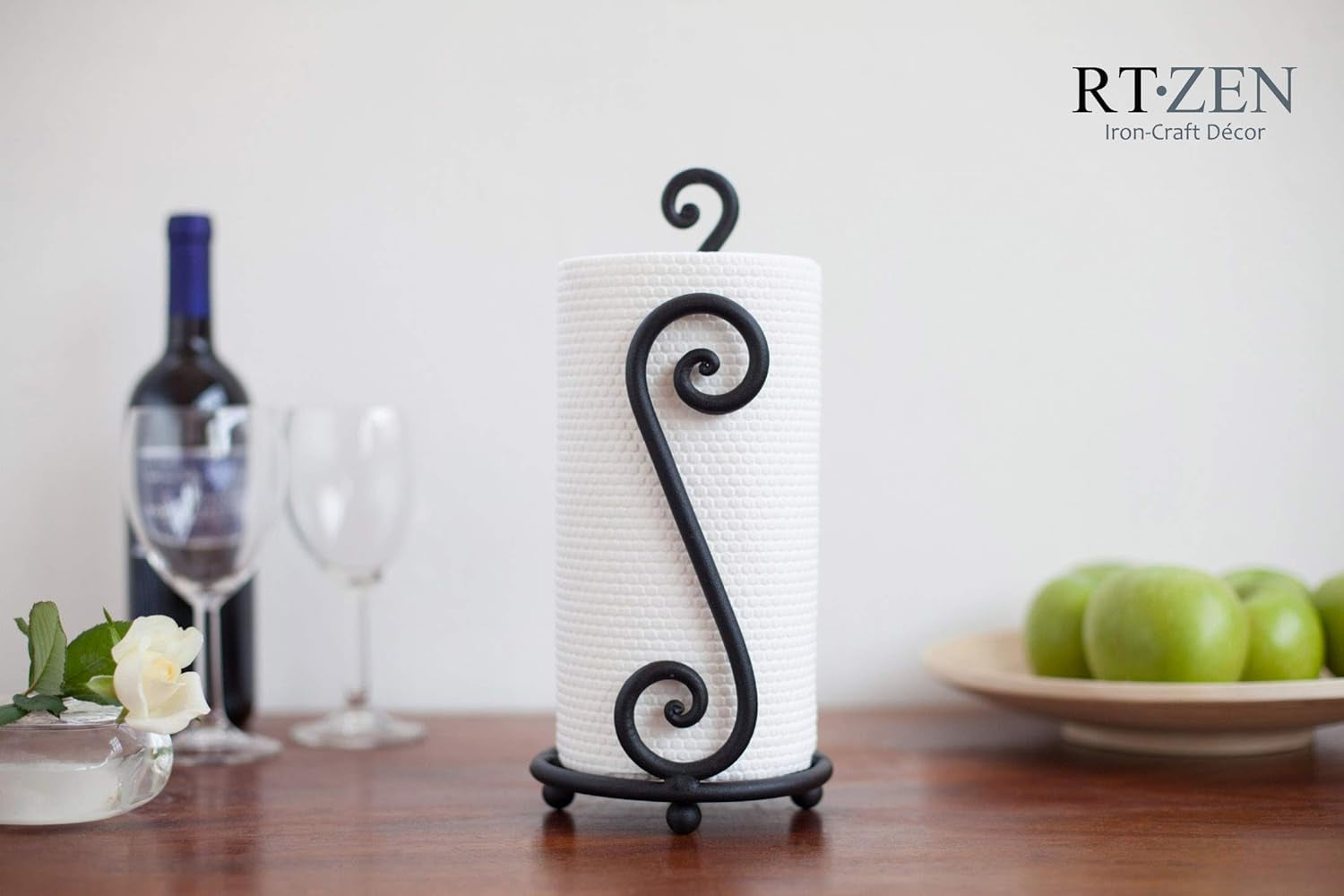 Matte Black Paper Towel Holder Non-Slip Base Countertop | Decorative Farmhouse Paper Roll Holder, Rustic Metal Modern Stylish Accent Durable Stand for Kitchen, Bathroom (Swirl)