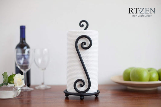 Matte Black Paper Towel Holder Non-Slip Base Countertop | Decorative Farmhouse Paper Roll Holder, Rustic Metal Modern Stylish Accent Durable Stand for Kitchen, Bathroom (Swirl)