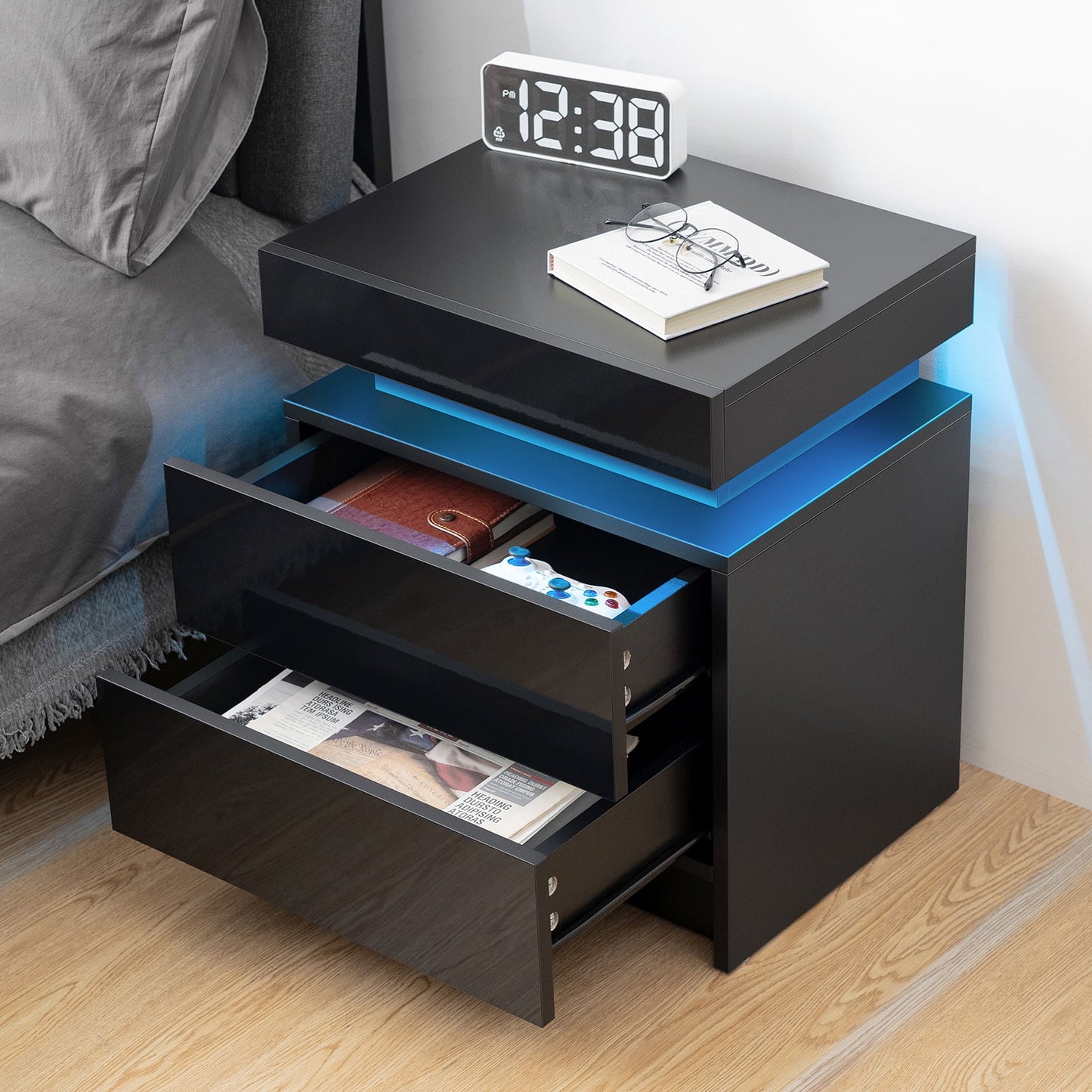 Elevate Your Space with Our Modern High Gloss LED Nightstand Set - Stylish Black Bedside Tables with 2 Drawers and RGB Lighting