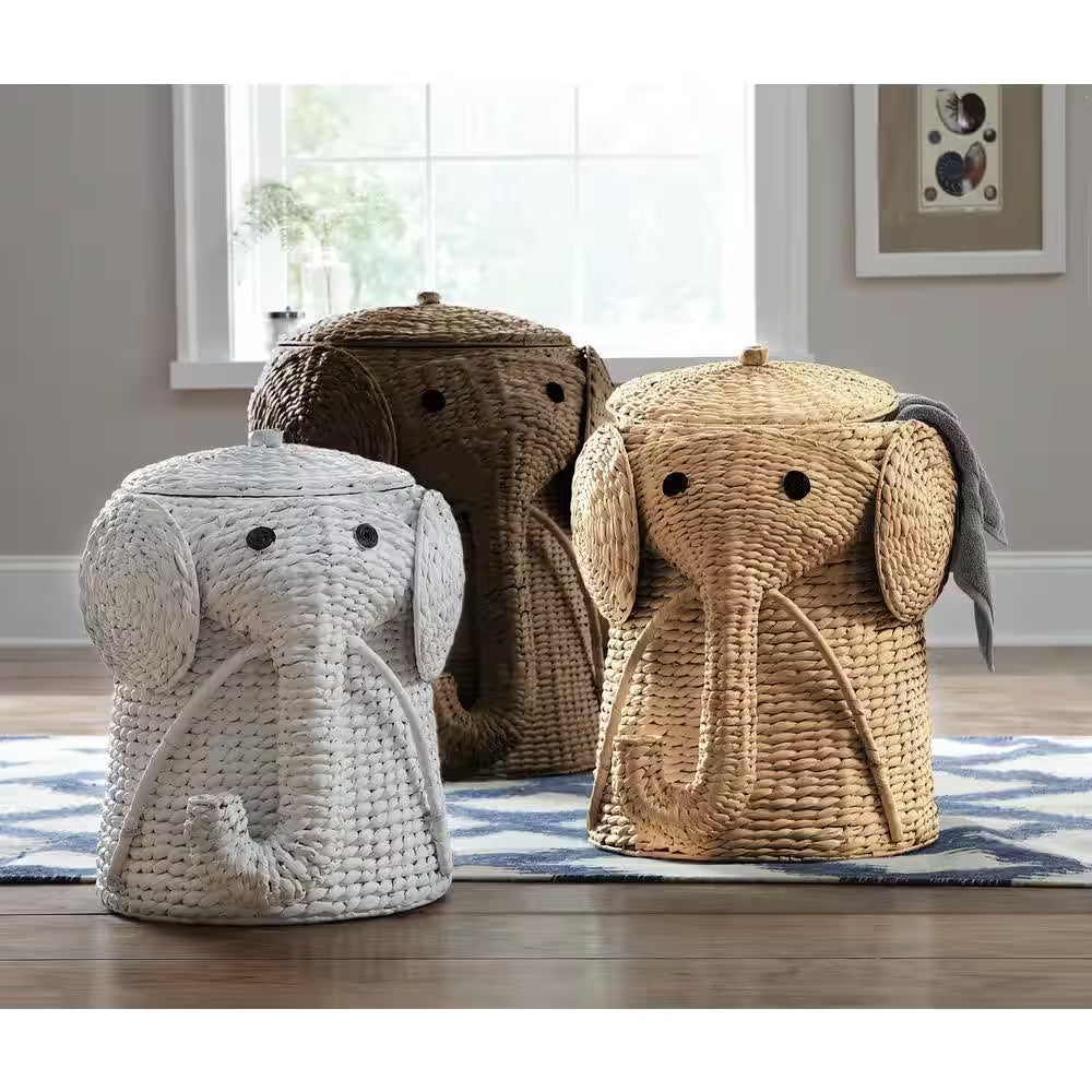 Charming Elephant Woven Wicker Hamper Basket with Lid - Perfect for Organizing Kids' Toys and Laundry