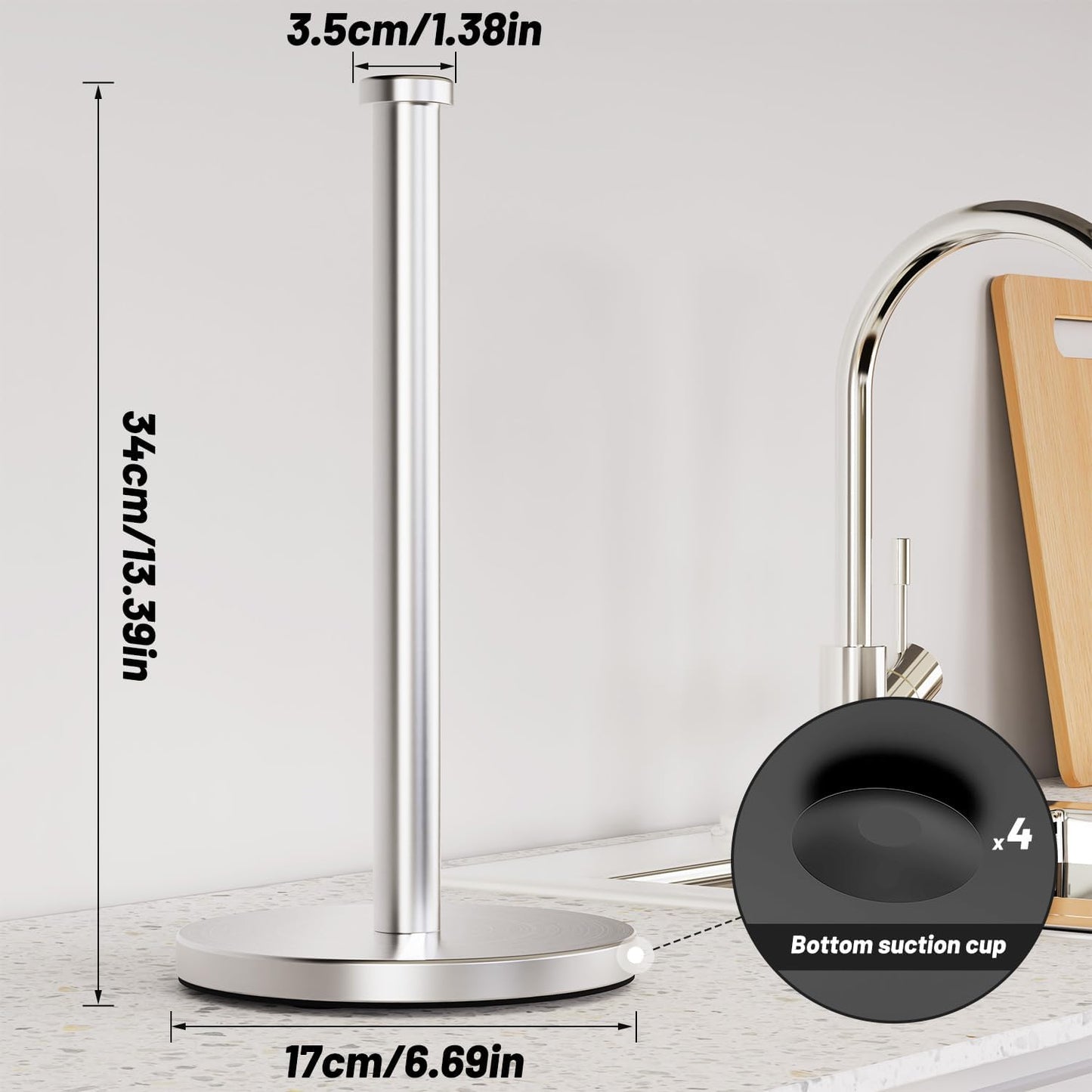 Paper Towel Holder Countertop, 4 Non-Slip Suction Cups, Weighted Base | Silver | Rust-Resistant Stainless Steel for Long-Lasting Use | Fits Most Towel Rolls | Steady and Easy Tear