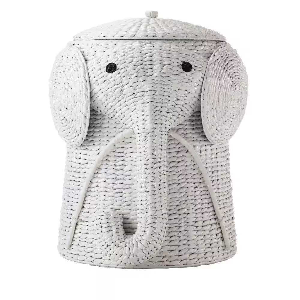 Charming Elephant Woven Wicker Hamper Basket with Lid - Perfect for Organizing Kids' Toys and Laundry