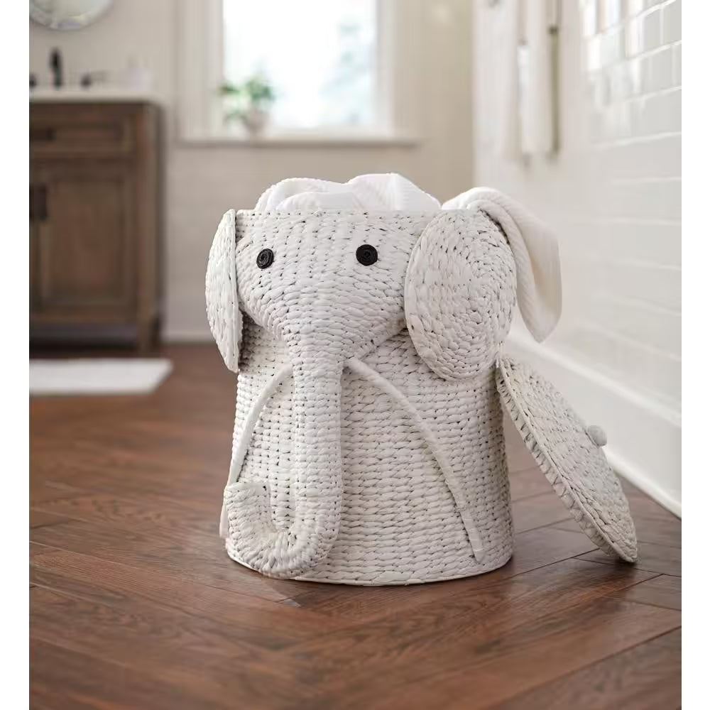 Charming Elephant Woven Wicker Hamper Basket with Lid - Perfect for Organizing Kids' Toys and Laundry