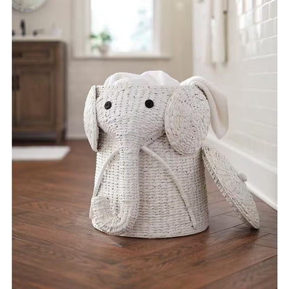 Charming Elephant Woven Wicker Hamper Basket with Lid - Perfect for Organizing Kids' Toys and Laundry