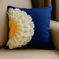 Handmade 3D Half Sunflower Cotton Canvas Decorative Throw Pillow Cover 18"W X 18"L - Navy Blue Floral Cushion Case for Couch, Bedroom and Living Room Décor
