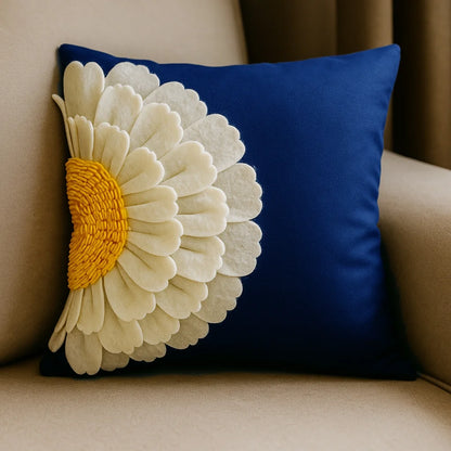 Handmade 3D Half Sunflower Cotton Canvas Decorative Throw Pillow Cover 18"W X 18"L - Navy Blue Floral Cushion Case for Couch, Bedroom and Living Room Décor