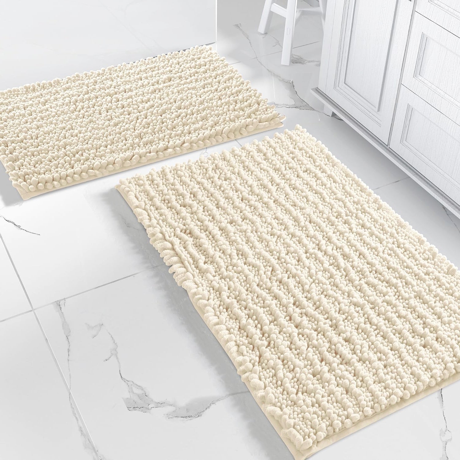 2 Piece Set Cream Soft Cozy Plush Chenille Bath Mat Bathroom Rug Homemartgoods