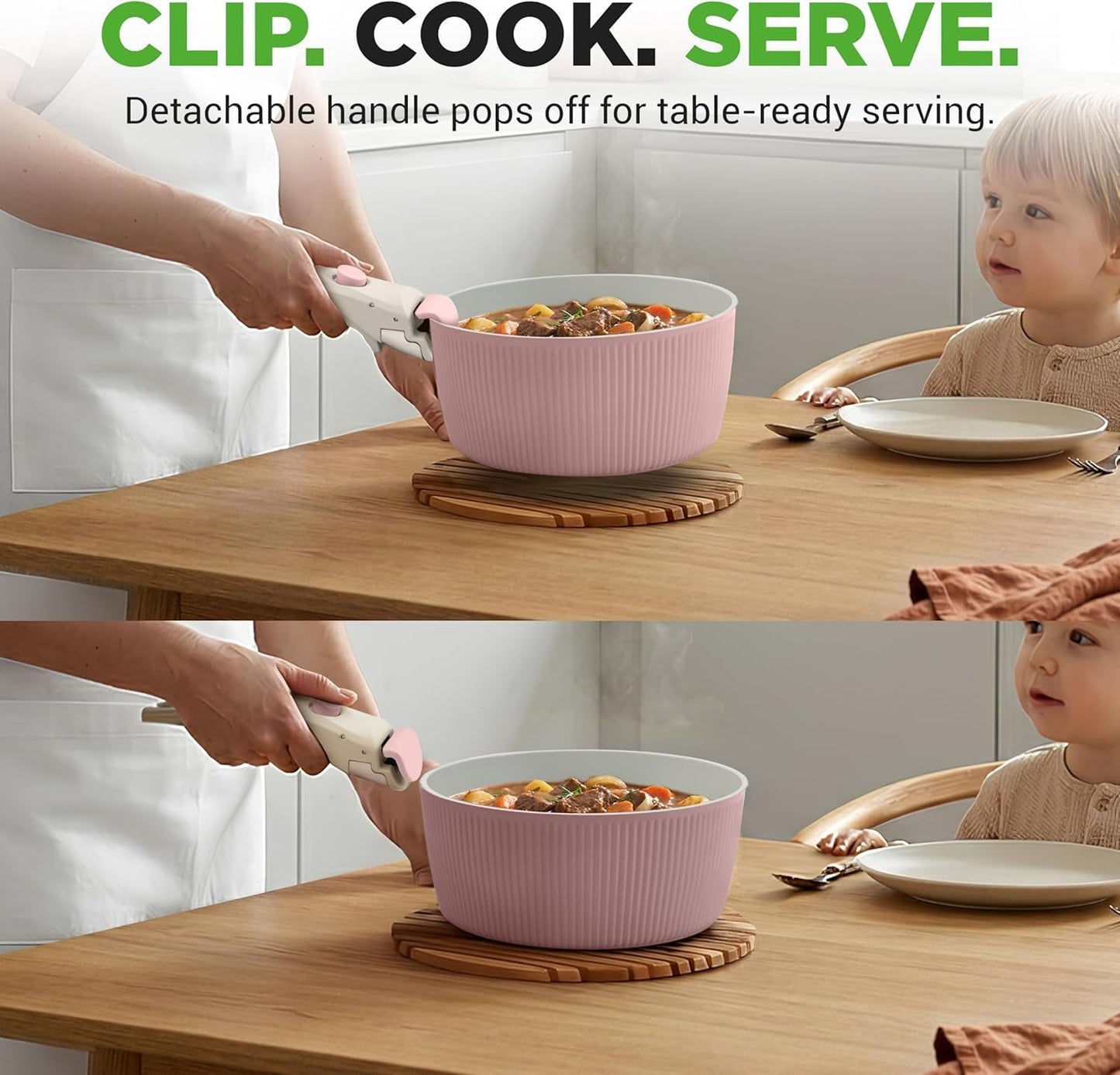 Elevate Your Culinary Experience with the 18-Piece Pink Nonstick Ceramic Cookware Set – Complete with Utensils and Innovative Detachable Handles!