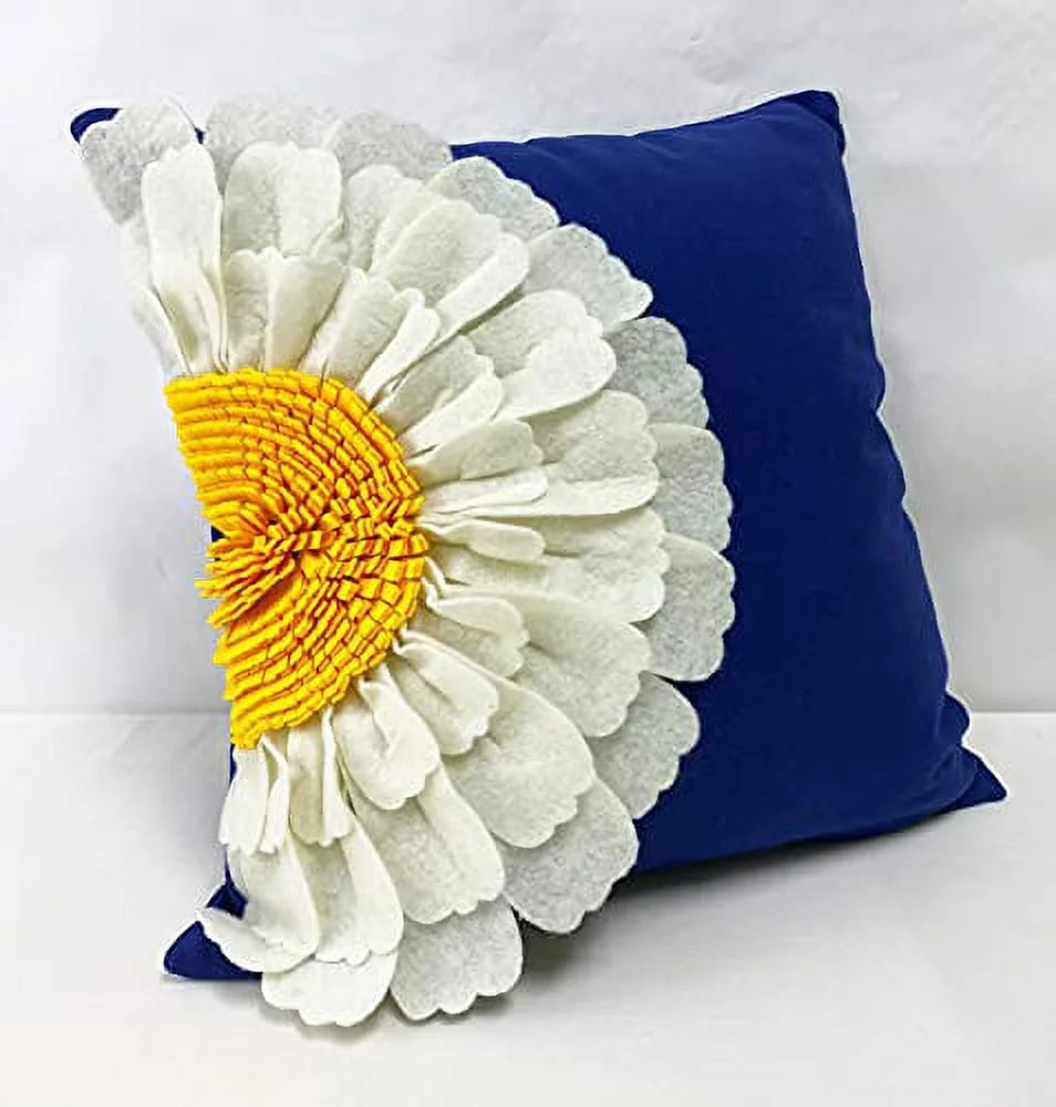 Handmade 3D Half Sunflower Cotton Canvas Decorative Throw Pillow Cover 18"W X 18"L - Navy Blue Floral Cushion Case for Couch, Bedroom and Living Room Décor