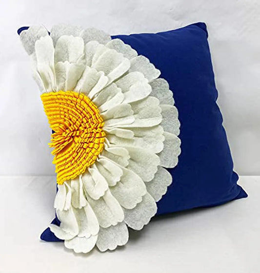 Handmade 3D Half Sunflower Cotton Canvas Decorative Throw Pillow Cover 18"W X 18"L - Navy Blue Floral Cushion Case for Couch, Bedroom and Living Room Décor