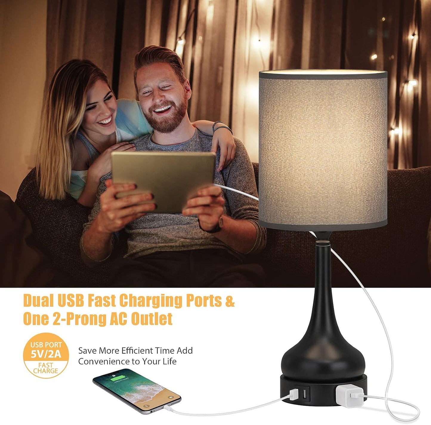 Elegant Touch Control Table Lamps - 3-Way Dimmable Bedside Desk Lamps with USB Ports & AC Outlet - Set of 2 Stylish Grey Fabric Lamps for Bedroom, Living Room & Kids Room (Includes LED Bulbs)